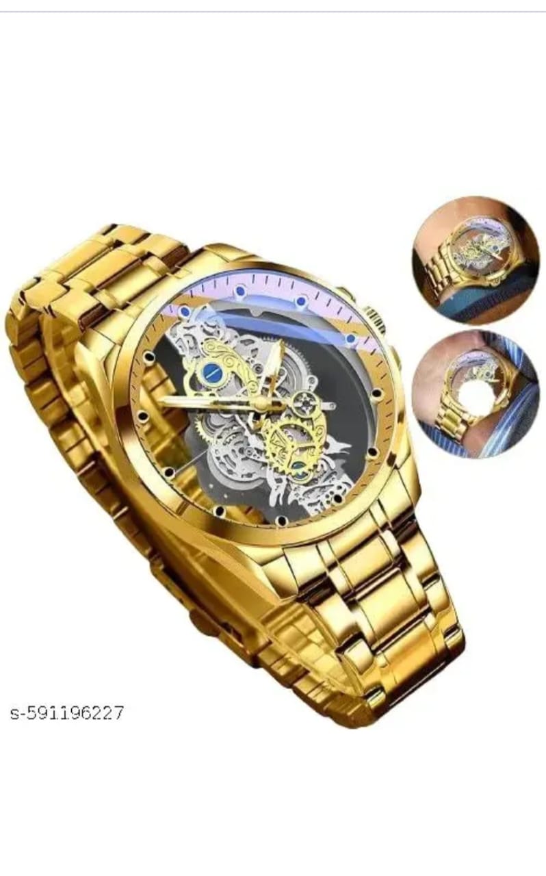 Luxury Golden Skeleton Analog Wrist Watch for Men – Stylish Mechanical Look with Metal Strap