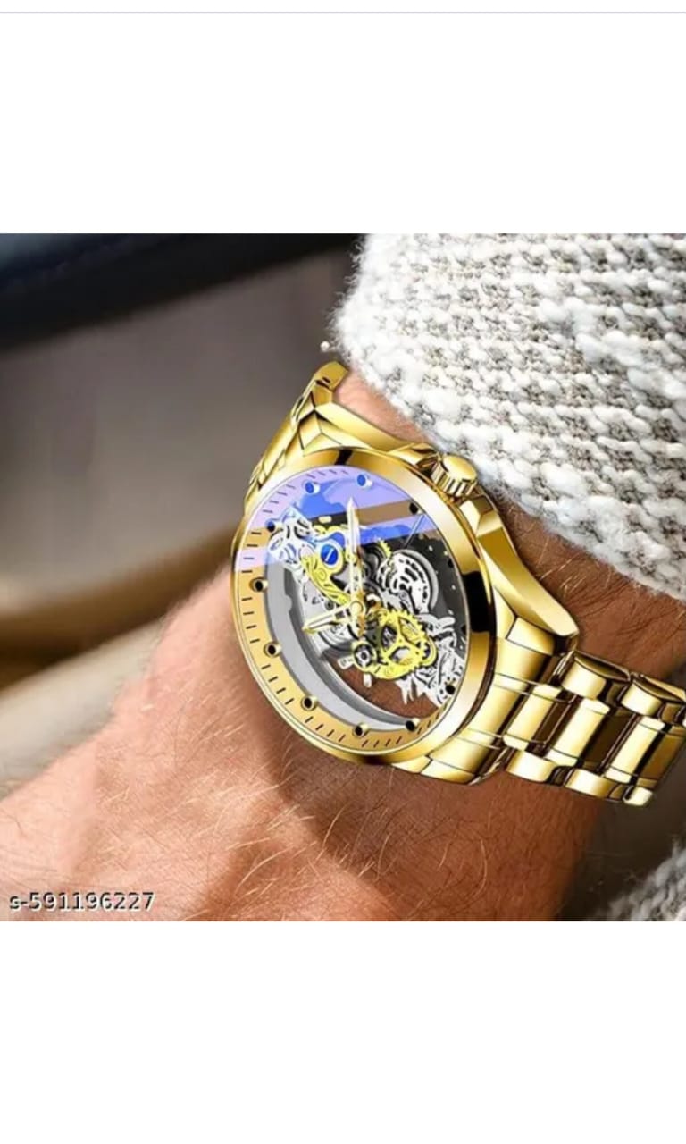 Luxury Golden Skeleton Analog Wrist Watch for Men – Stylish Mechanical Look with Metal Strap
