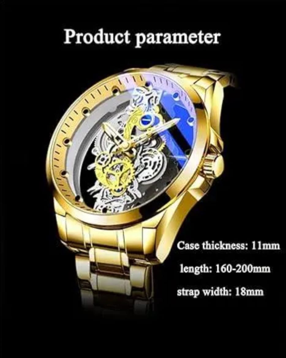 Luxury Golden Skeleton Analog Wrist Watch for Men – Stylish Mechanical Look with Metal Strap