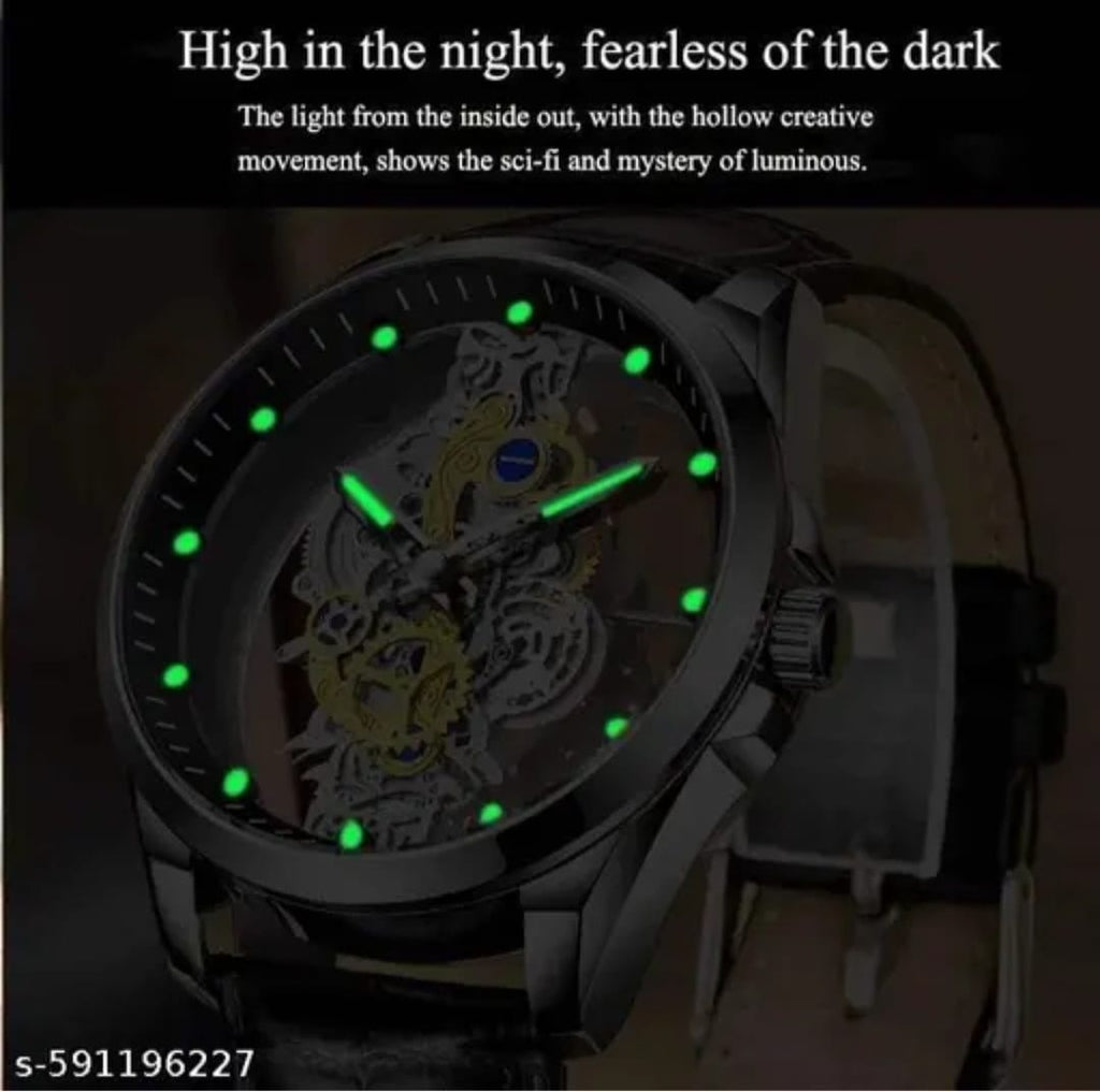 Luxury Golden Skeleton Analog Wrist Watch for Men – Stylish Mechanical Look with Metal Strap